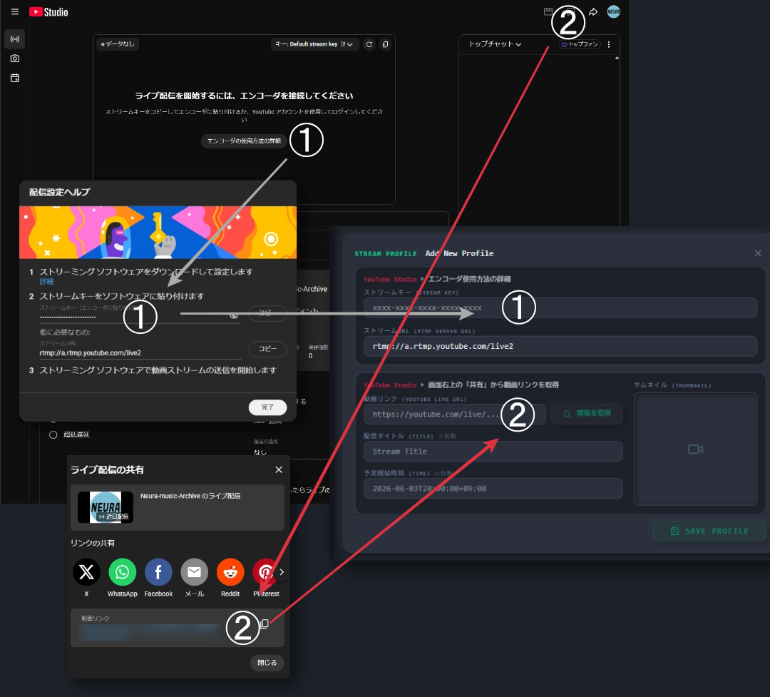 YouTube Studio 配信枠作成とキー取得